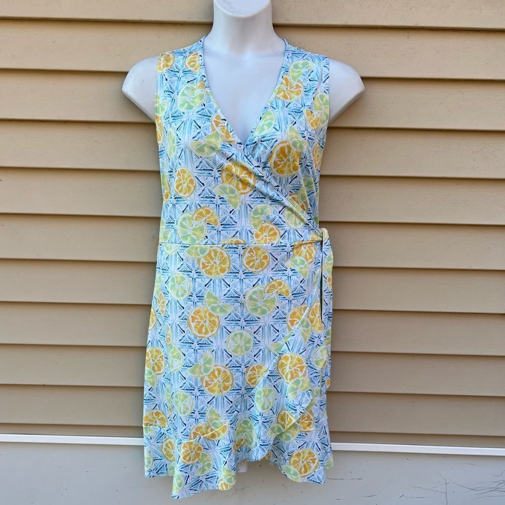 Lands End Ruffle Hem Citrus Geometric Wrap Dress Aa3